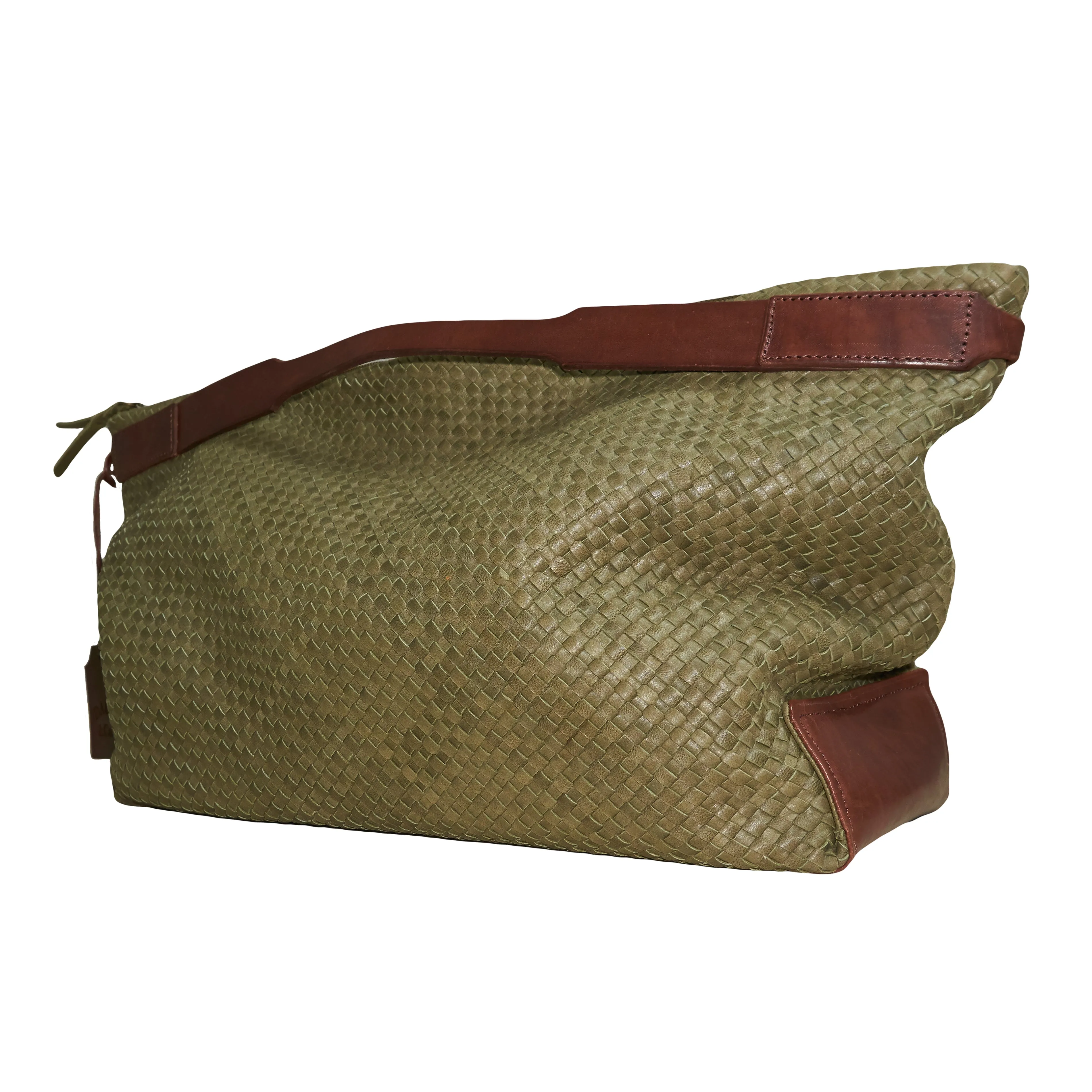 AGUNG WEEKENDER BAG - Genuine Handwoven Leather | Light Olive Green & Rusty Brown