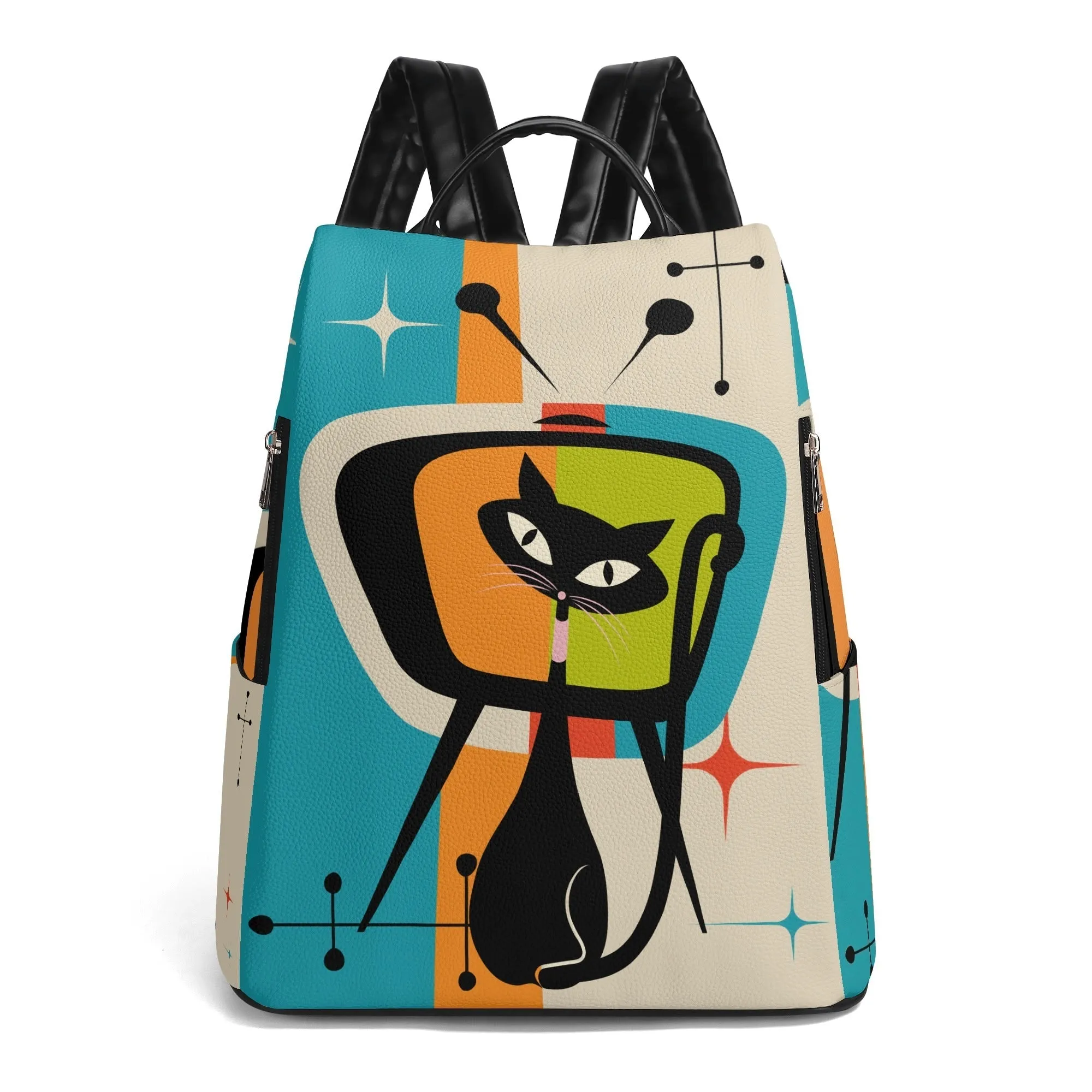 Atomic Cat Retro Backpack, Mid Century Modern Travel Bag, MCM Kitsch TV Design Carryall