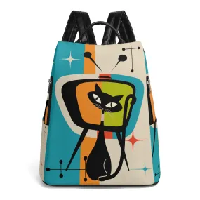 Atomic Cat Retro Backpack, Mid Century Modern Travel Bag, MCM Kitsch TV Design Carryall
