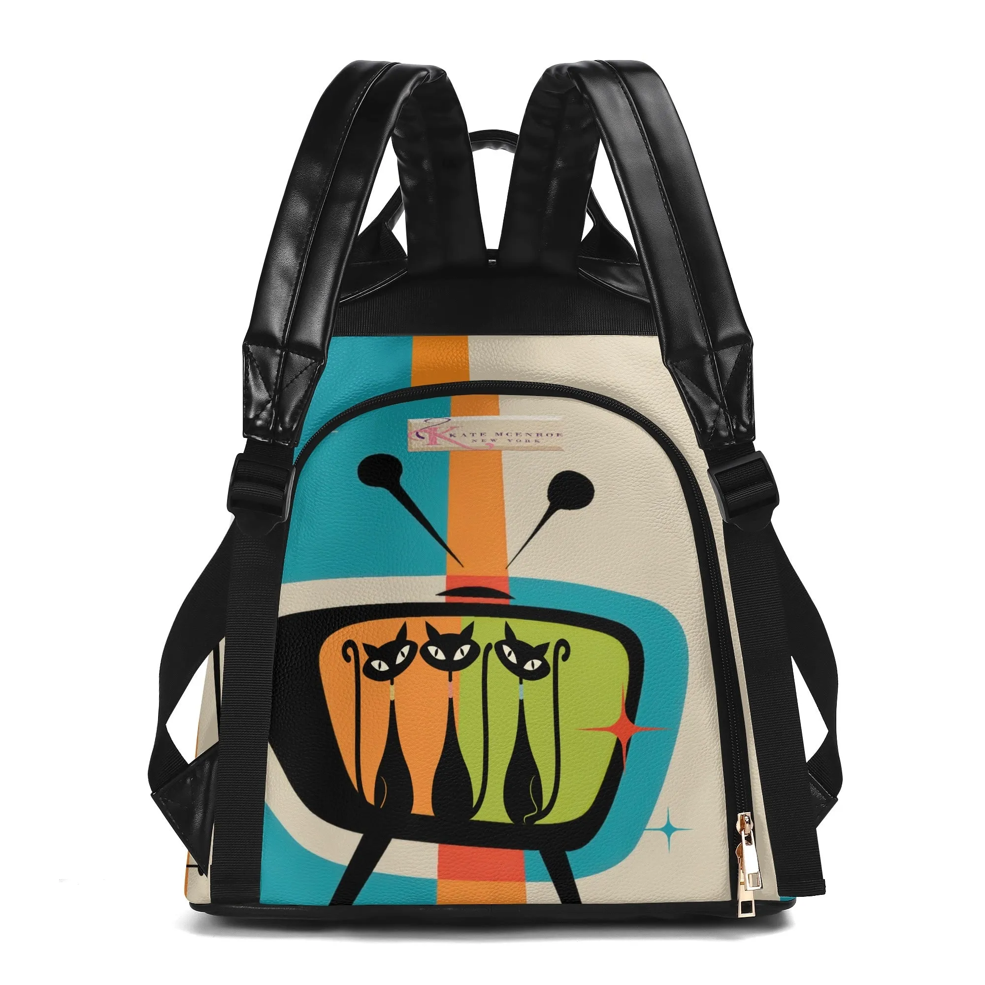 Atomic Cat Retro Backpack, Mid Century Modern Travel Bag, MCM Kitsch TV Design Carryall