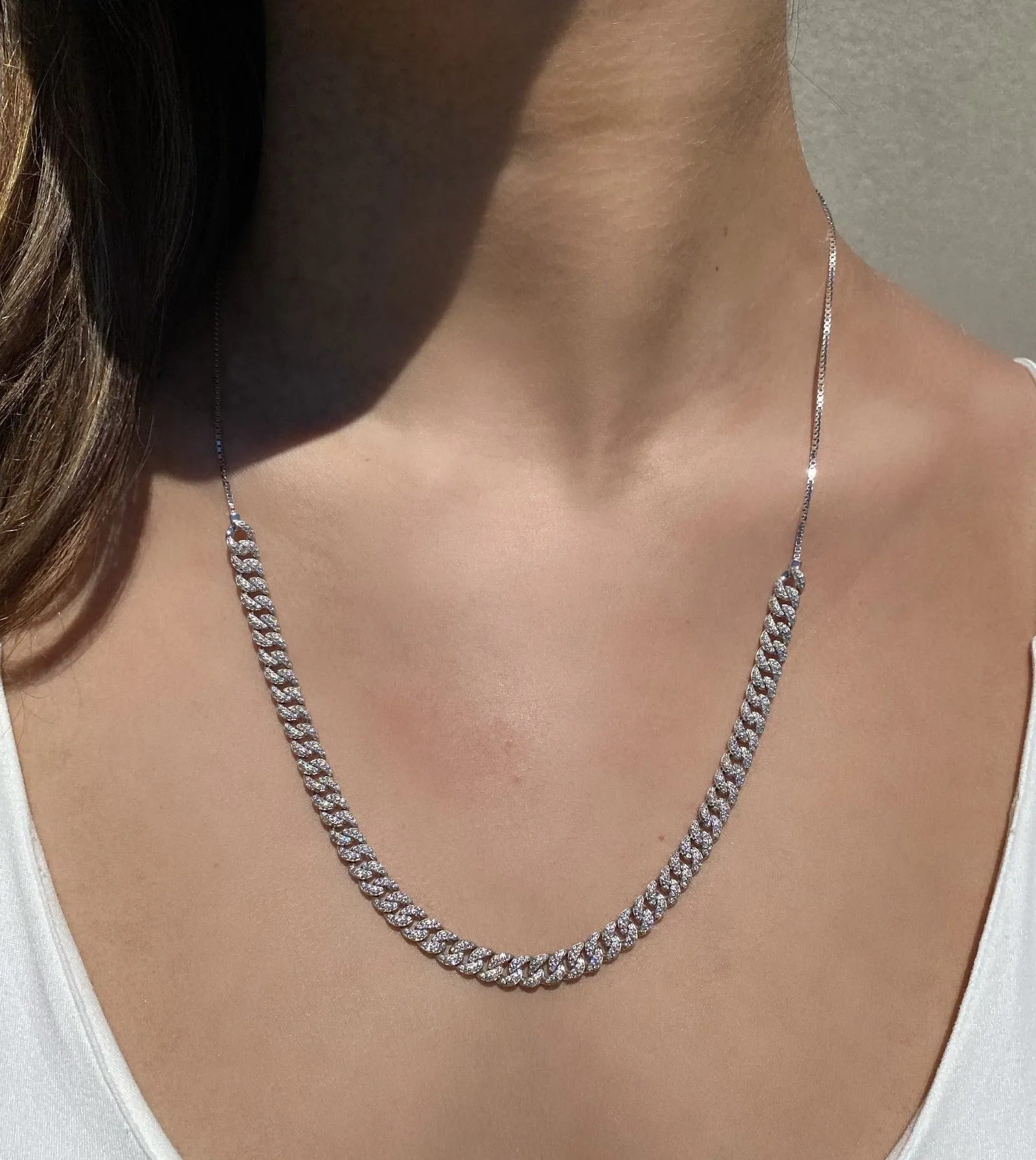 Sterling Silver - Curb Pave Chain Link Necklace